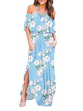 LilBetter Floral Off-The-Shoulder Maxi Dress | Blue with Pockets, Size Small